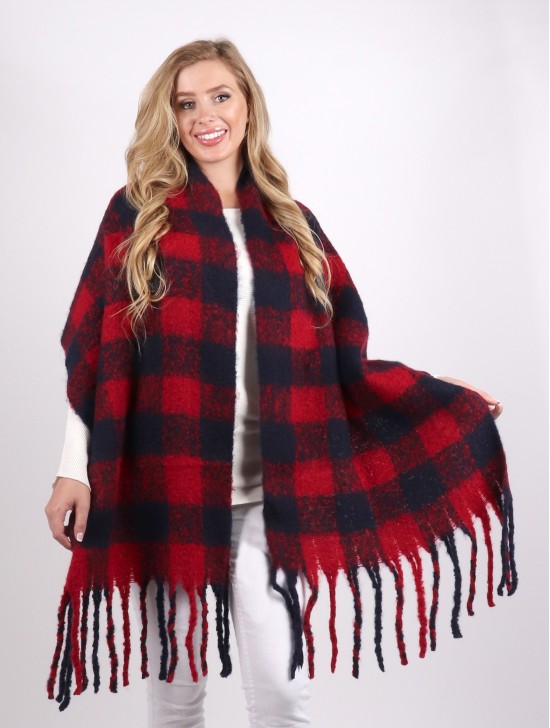 Plush Speckled Checker Scarf W/ Long Fringe